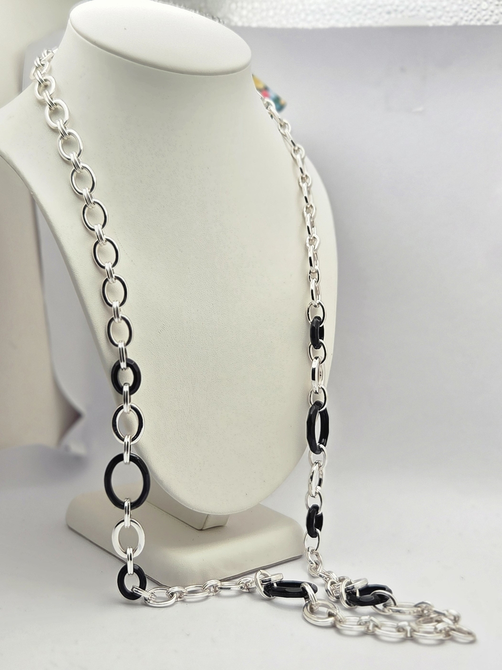 36" Long Silver Tone & Black Oval Link Station Opera Necklace